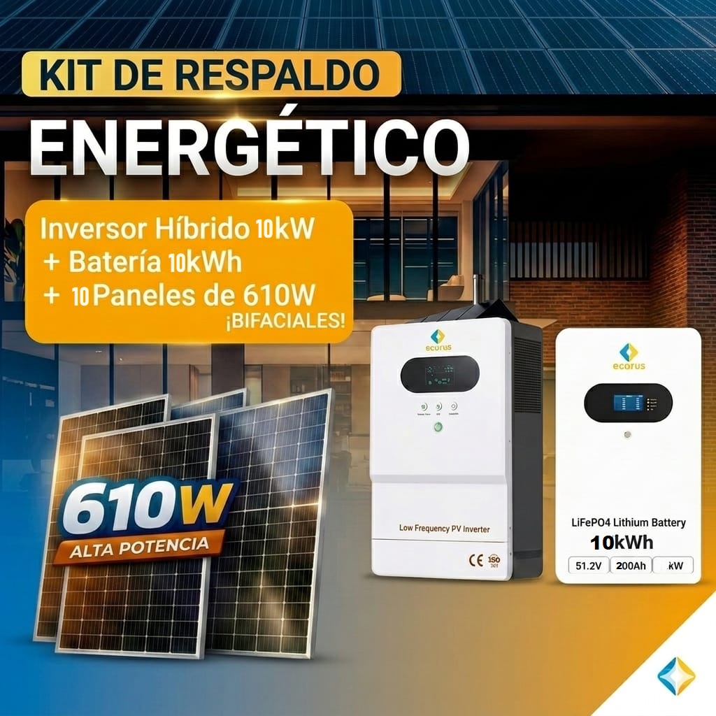 Kit Inversor 10KW con respaldo de Batería de 10KW y 10 Paneles de 610 W Bifacial